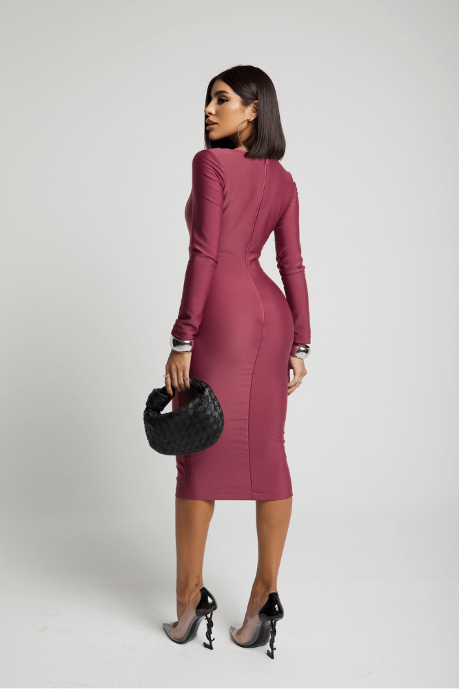 Vestido Midi Tubinho Reto Manga Longa Zíper Costas Prada Francine Uva