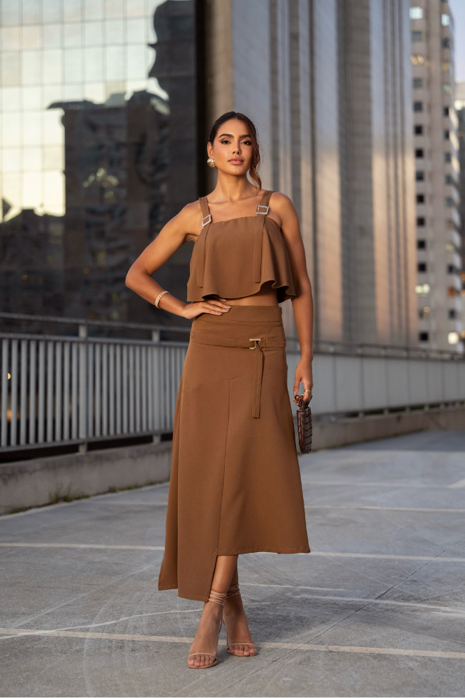 Conjuto Top Alça Regulavél Saia Godê Cinto Dinah