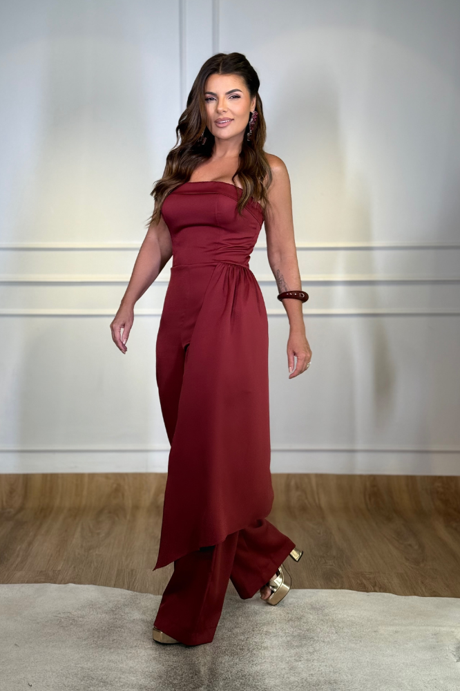 Macacão Pantalona Strapless Fluído Afrodite Framboesa