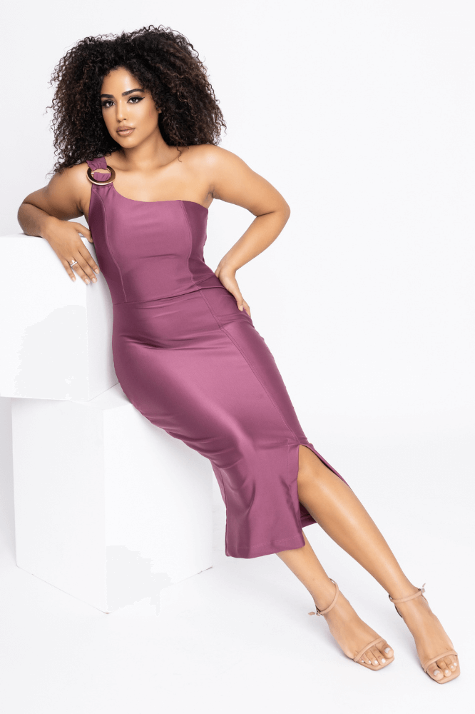 Vestido Midi Tubinho Nula Manga Detalhe Argola Recorte Prada Amanda Uva